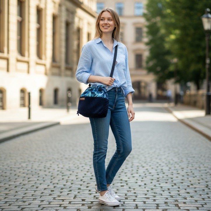 Torebka Sakiewka Sztruksowa Granatowa z Motywem Ebru – Handmade