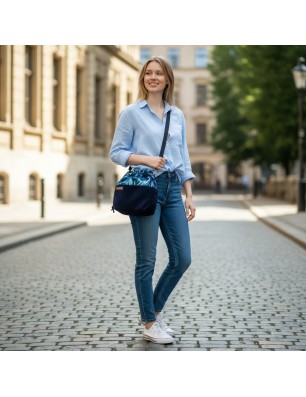 Torebka Sakiewka Sztruksowa Granatowa z Motywem Ebru