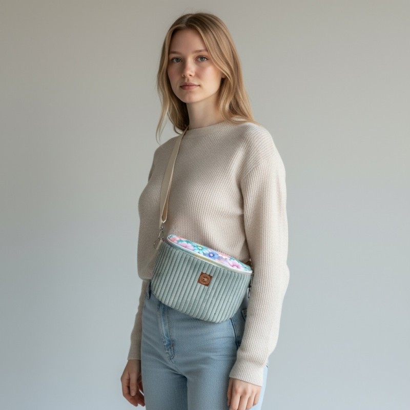 Torebka-Nerka Sztruksowa Miętowa z motywem pastelowych kwiatów – handmade