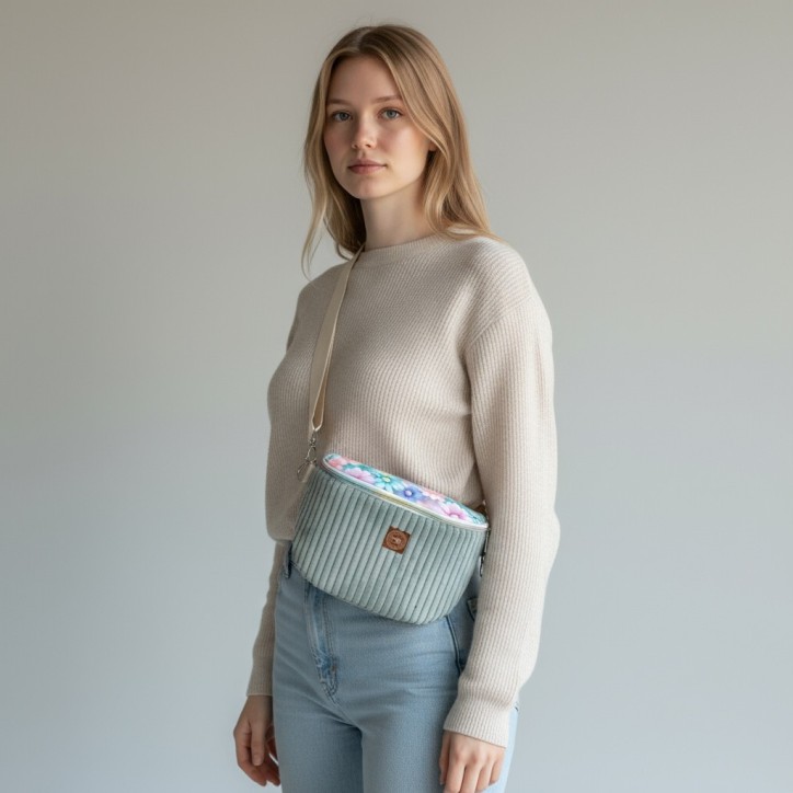 Torebka-Nerka Sztruksowa Miętowa z motywem pastelowych kwiatów – handmade