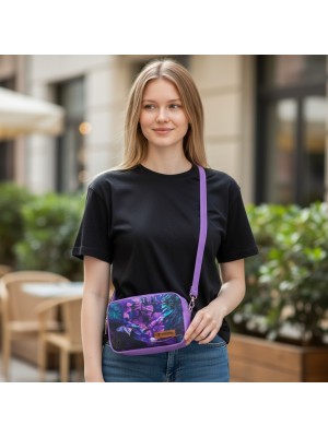 Mini Torebka Box z Ekoskóry z Motywem Tropikalnych Liści w Fioletowej Odsłonie