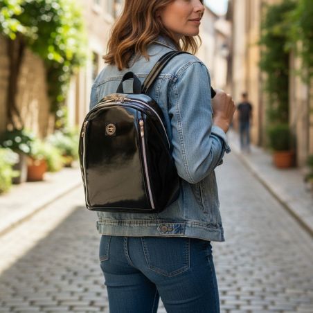 Czarny Połysk Mały Plecak Młodzieżowy