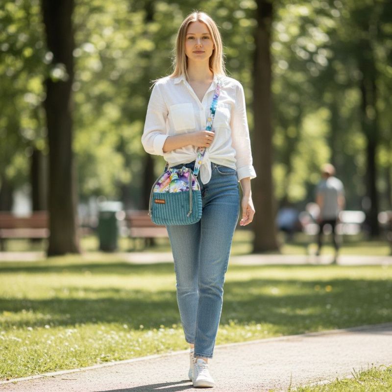 Torebka Sakiewka Sztruksowa Morska z Motywem Tęczy i Stokrotek – Handmade