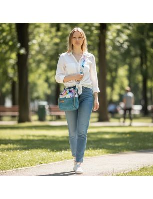 Torebka Sakiewka Sztruksowa Morska z Motywem Tęczy i Stokrotek – Handmade