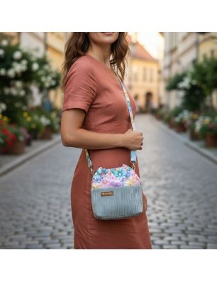 Torebka Sakiewka Sztruksowa Zielona z Motywem Pastelowych Kwiatów – Handmade
