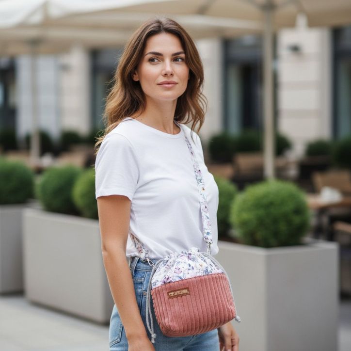 Torebka Sakiewka Sztruksowa Brudny Róż z Motywem Kwiatowym – Handmade Torebka Sakiewka Sztruksowa Brudny Róż z Motywem Kwiatowym – Handmade