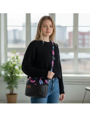 Torebka Sakiewka Czarna z Neonowym Motywem Szminki i Ust – Handmade