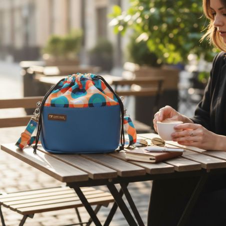 Torebka Sakiewka Niebieska z Motywem Kolorowych Okręgów - Handmade