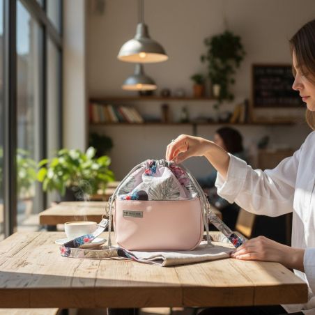 Torebka Sakiewka Pudrowy Róż z Motywem Myszki i Kwiatów - Handmade