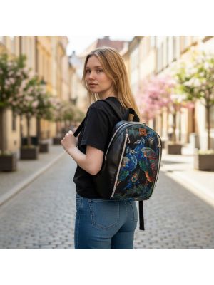 Mały Plecak Czarny z Motywem Pawia – Handmade