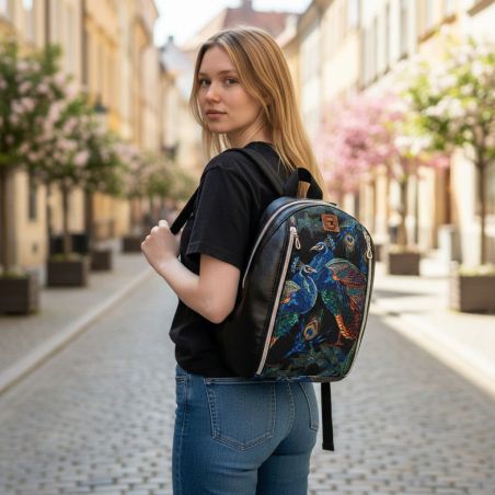 Mały Plecak Czarny z Motywem Pawia – Handmade