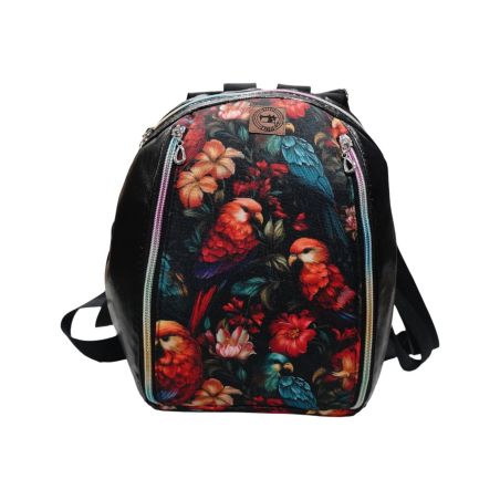 Mały Plecak Czarny z Motywem Papug – Kolorowe Papugi – Handmade