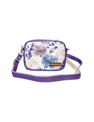 Mała torebka handmade na ramię w kwiatowy wzór, fioletowe wykończenie