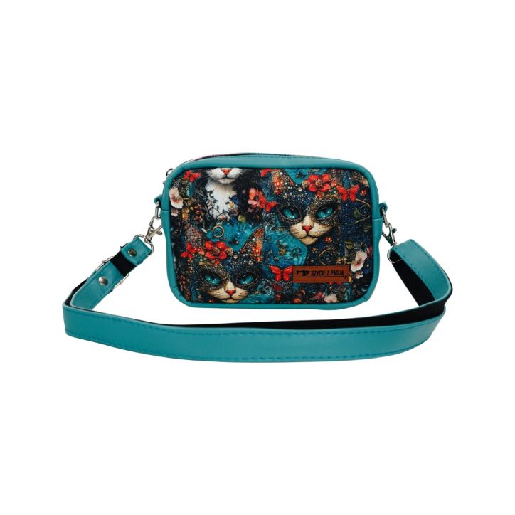 Mini Torebka Box – Turkusowa z Motywem Kotów