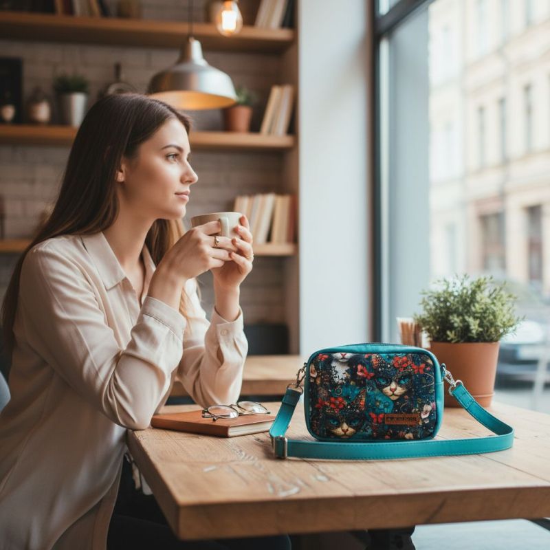 Szycie z pasją|Mini Torebka Box – Turkusowa z Motywem Kotów|Mini Torebki Prostokątne|SZYCIE Z PASJĄ