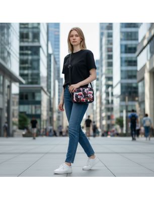 Mini torebka box czarna z motywem kotów – stylizacja miejska