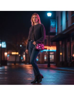 Mini torebka box czarna z motywem czaszek i kwiatów – stylizacja nocna