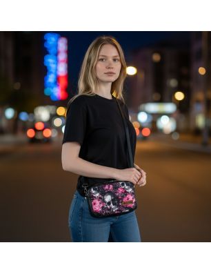 Mini torebka box czarna z motywem czaszek i kwiatów – stylizacja miejska