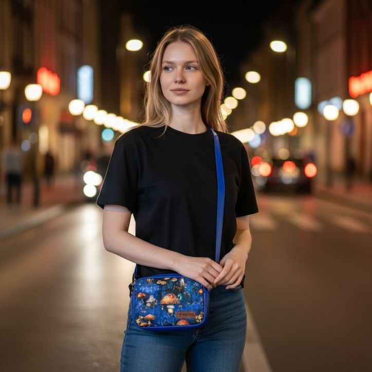 Mini Torebka Box – Niebieska z Motywem Leśnych Grzybów
