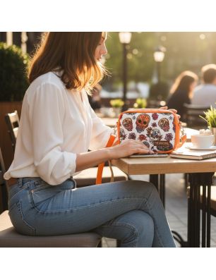 Mini torebka box pomarańczowa z motywem kolorowych czaszek – stylizacja przy stoliku