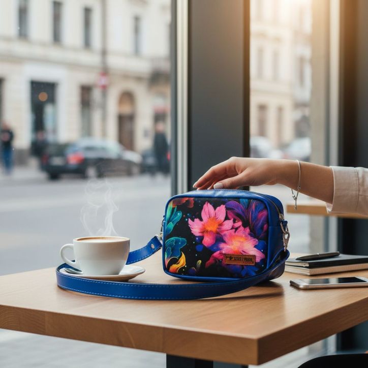 Mini Torebka Box – Niebieska z Motywem Kwiatów Purpurowy Ogród