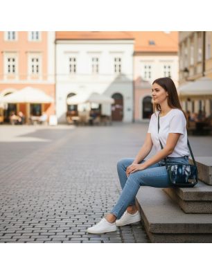 Mini torebka box szara z motywem piór używana w miejskiej stylizacji