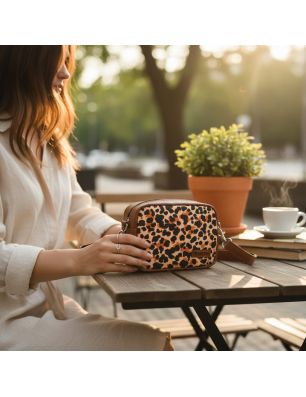 Mini torebka box panterka używana na co dzień przy kawie