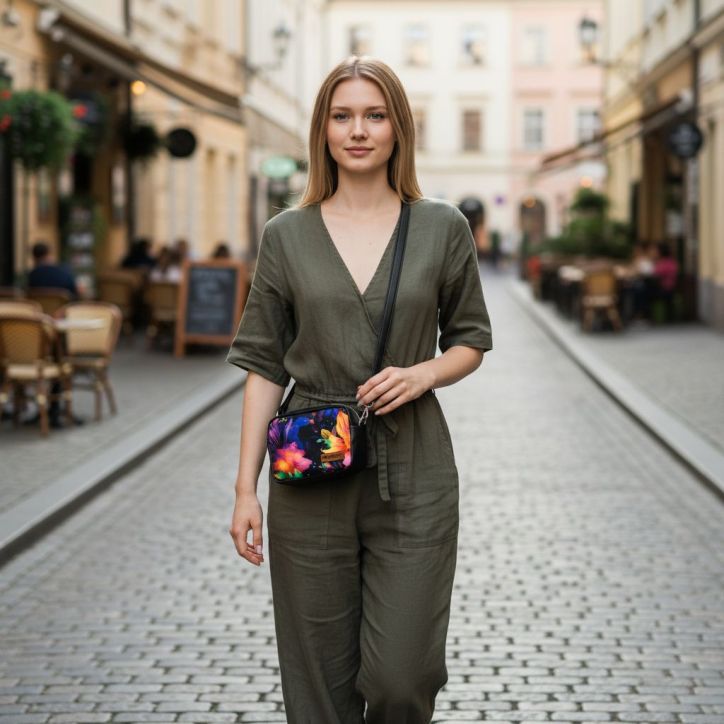 Mini Torebka Box – Czarna z Motywem Kwiatów Purpurowy Ogród