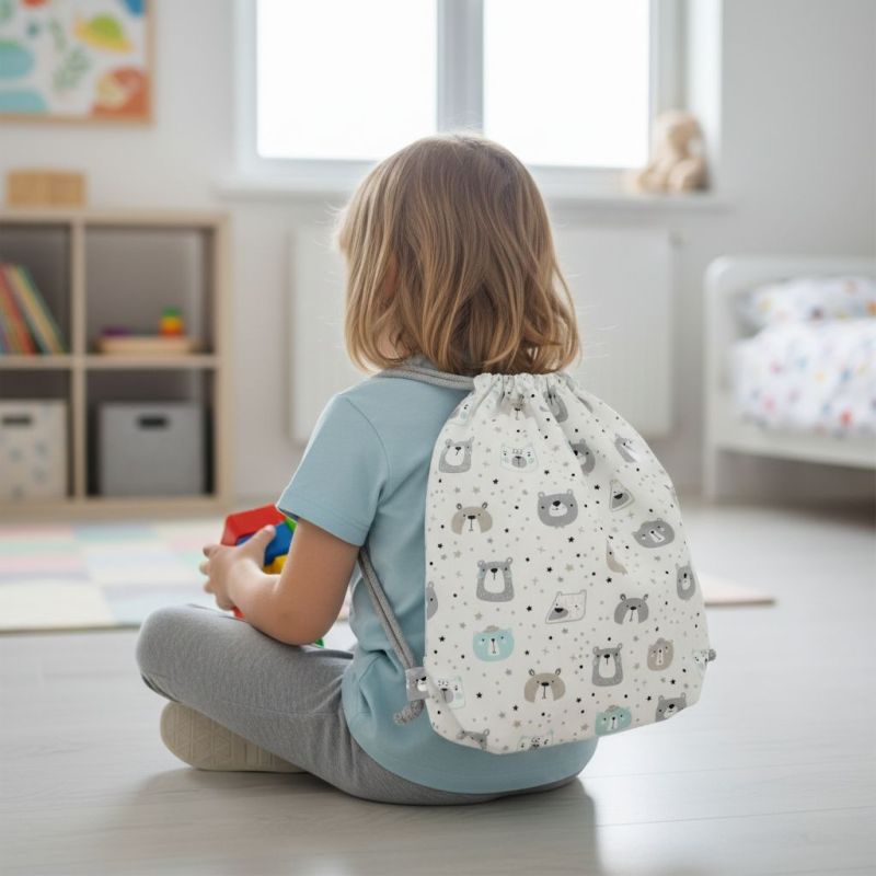 Szycie z pasją|Bawełniany Worek do Przedszkola – Leśne Misie w Pastelowych Odcieniach|Worki do przedszkola|SZYCIE Z PASJĄ