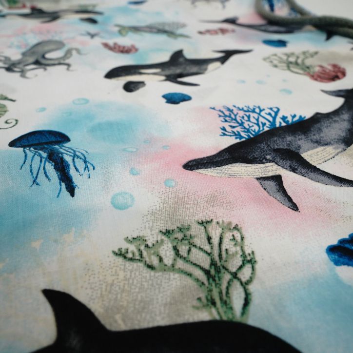 Bawełniany Worek do Przedszkola – Morski Świat z Wielorybami