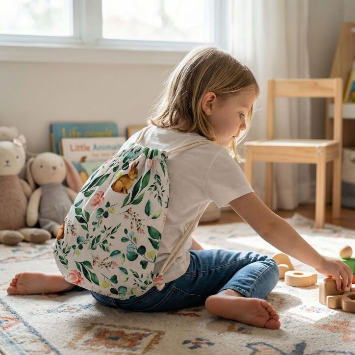 Bawełniany Worek do Przedszkola – Króliczek wśród Zielonych Liści Bawełniany Worek do Przedszkola – Króliczek wśród Zielonych Liści