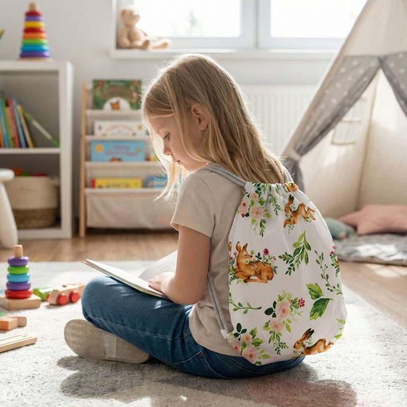 Bawełniany Worek do Przedszkola – Leśne Zajączki z Kwiatami