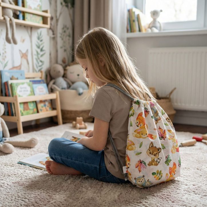 Bawełniany Worek do Przedszkola – Leśni Przyjaciele i Jesienne Listki