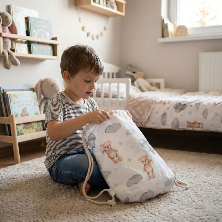 Bawełniany Worek do Przedszkola – Miś z Balonikami na Chmurkach
