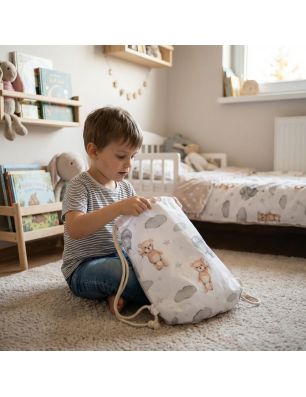 Bawełniany Worek do Przedszkola – Miś z Balonikami na Chmurkach