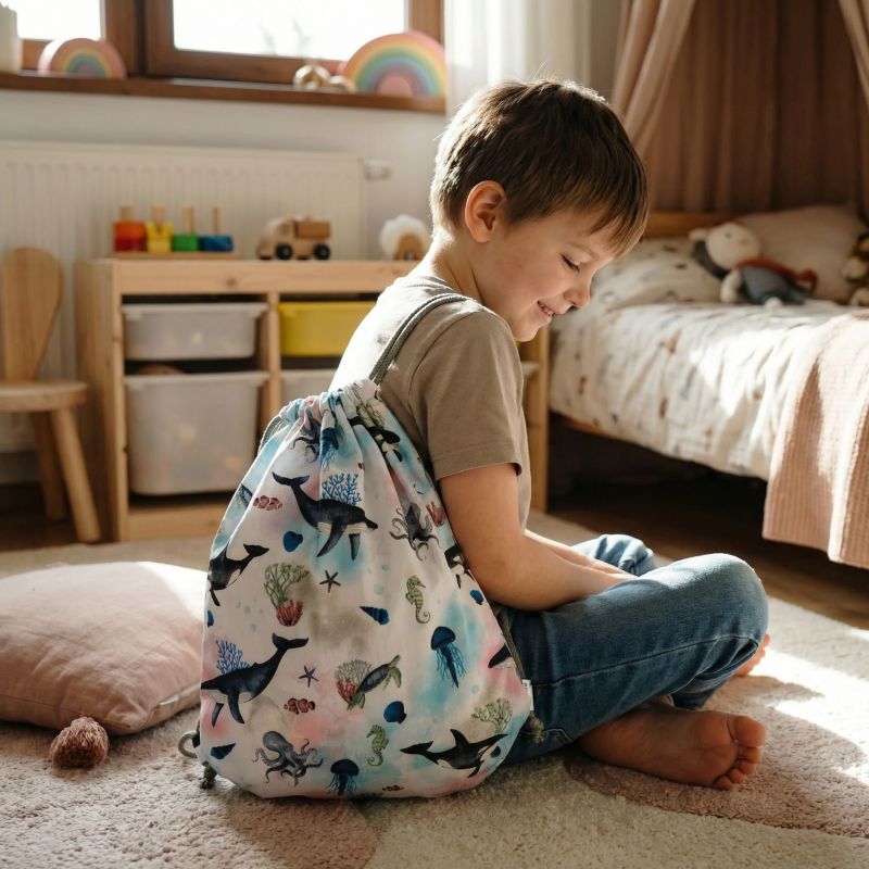 Bawełniany Worek do Przedszkola – Morski Świat z Wielorybami