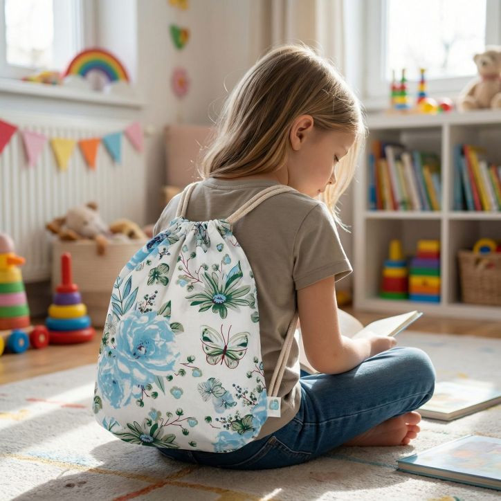 Bawełniany Worek do Przedszkola – Niebieskie Kwiaty z Motylem