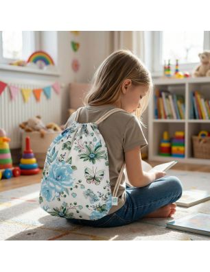 Bawełniany Worek do Przedszkola – Niebieskie Kwiaty z Motylem