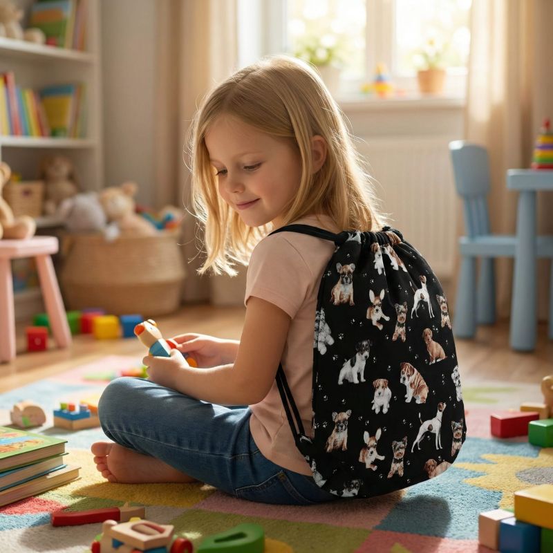 Bawełniany Worek do Przedszkola – Pieski na Czarnym Tle