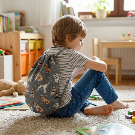 Bawełniany Worek do Przedszkola – Pieski na Grafitowym Tle