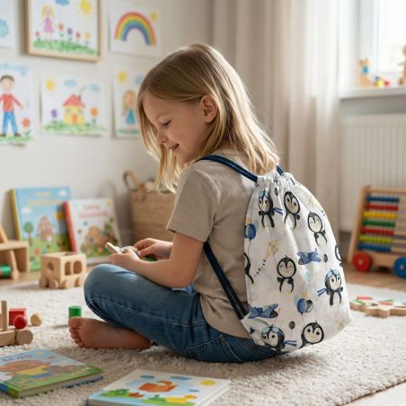 Bawełniany Worek do Przedszkola – Pingwinki z Samolotami i Balonikami