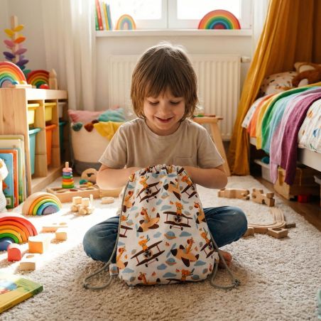 Bawełniany Worek do Przedszkola – Samoloty i Żyrafy w Chmurach