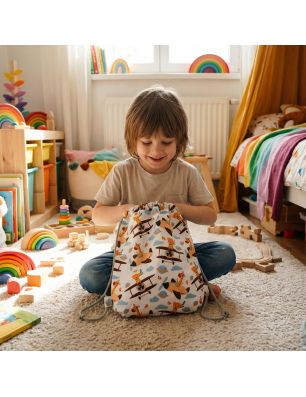 Bawełniany Worek do Przedszkola – Samoloty i Żyrafy w Chmurach