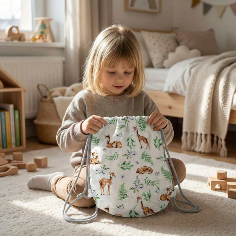 Bawełniany Worek do Przedszkola – Sarenki w Leśnych Listkach