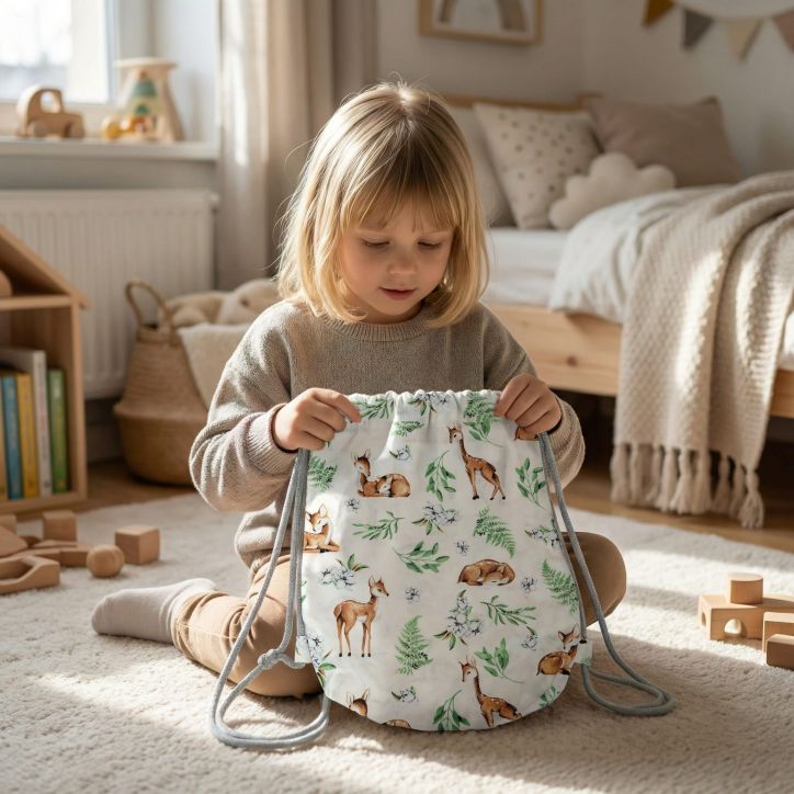 Bawełniany Worek do Przedszkola – Sarenki w Leśnych Listkach Bawełniany Worek do Przedszkola – Sarenki w Leśnych Listkach