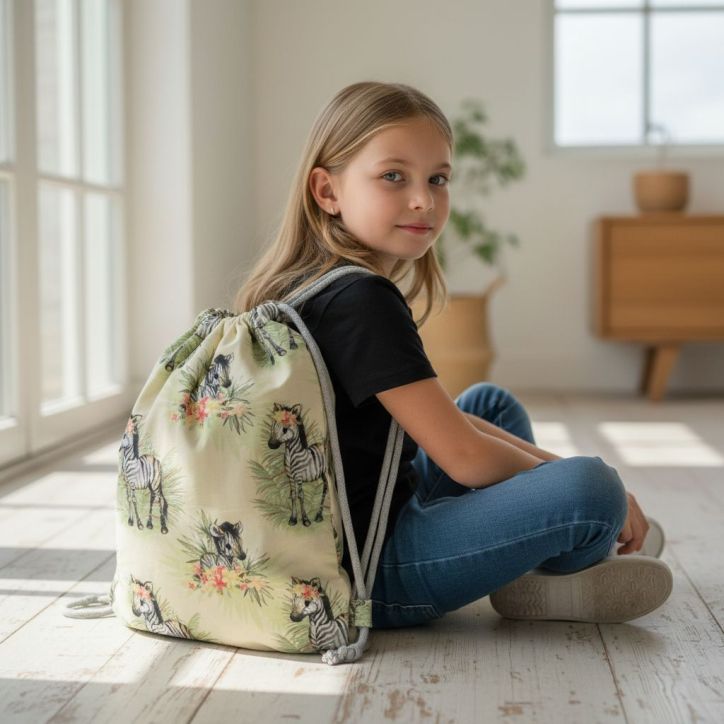 Bawełniany Worek do Przedszkola – Zebry w Tropikalnych Kwiatach