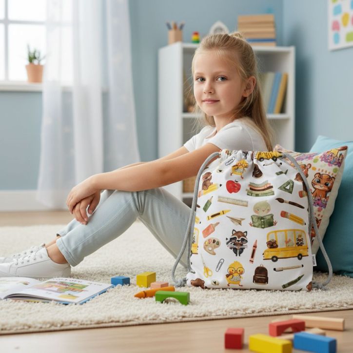 Bawełniany Worek do Przedszkola – Szkolne Motywy z Autobusem i Przyborami
