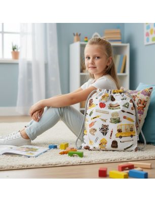 Szycie z pasją|Bawełniany Worek do Przedszkola – Szkolne Motywy z Autobusem i Przyborami|Worki do przedszkola|SZYCIE Z PASJĄ