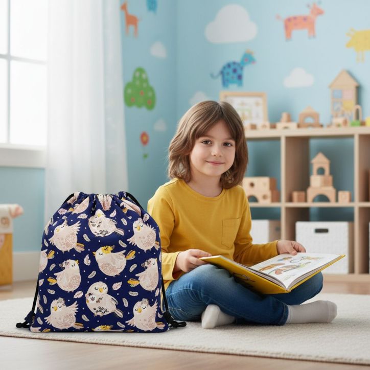 Bawełniany Worek do Przedszkola – Sówki na Granatowym Tle