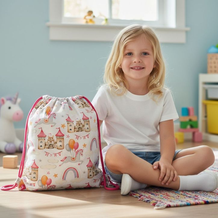 Bawełniany Worek do Przedszkola – Zamek, Jednorożec i Tęcza